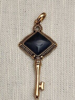 Barse Brass Key Pendant with Black And Blue Stone Accent